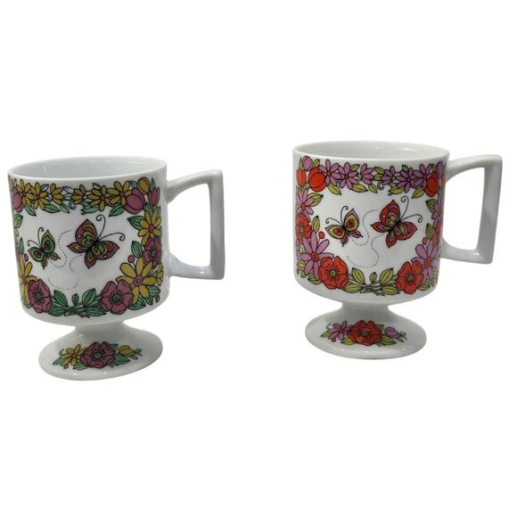 Vintage 1960s-70s Pedestal Mugs – Pair – Retro Butterfly & Floral Design - Picture 3 of 15